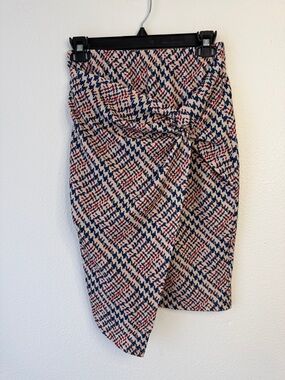 Knot-Front Patterned Pencil Skirt in Navy, Red, and Cream